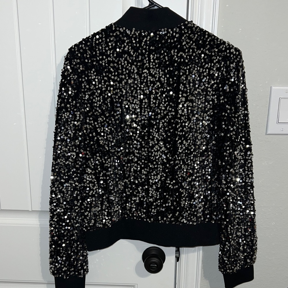 Nanette Lepore Sparkling Sequin Black Bomber Jacket - Picture 4 of 9